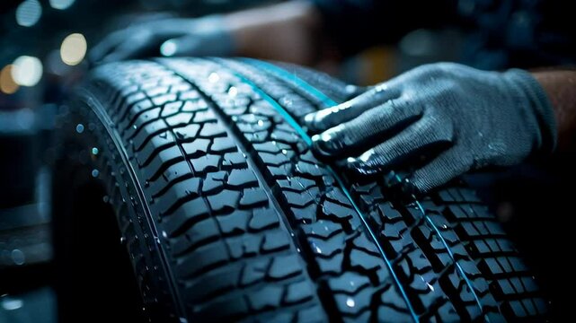 close-up shot of a worker's hands in protective gloves inspecting the tread pattern on a newly molded car tire, sharp focus on the texture and detail, quality control, precision