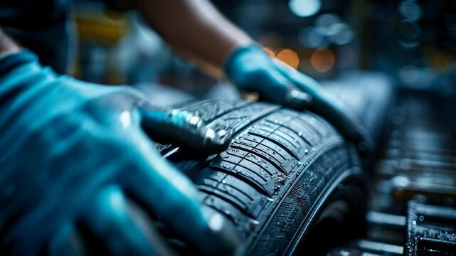 close-up shot of a worker's hands in protective gloves inspecting the tread pattern on a newly molded car tire, sharp focus on the texture and detail, quality control, precision