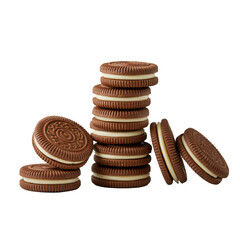 Stack of chocolate sandwich cookies with cream filling isolated on transparent background