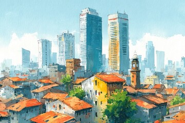Naklejka premium A vibrant cityscape painting featuring red-roofed houses in the foreground and modern skyscrapers in the background under a clear blue sky.