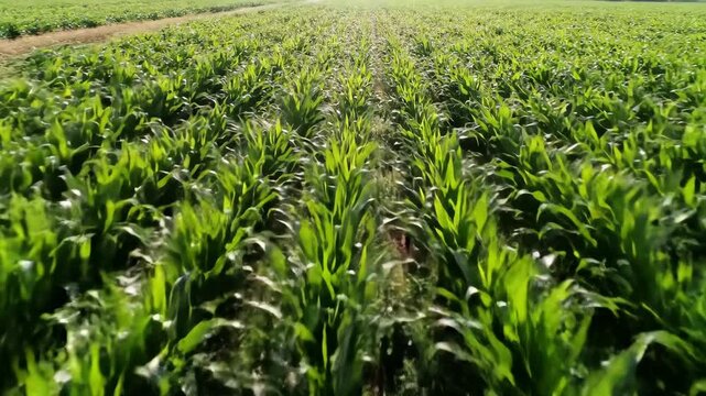 Green corn field landscape with rows of plants in the countryside.