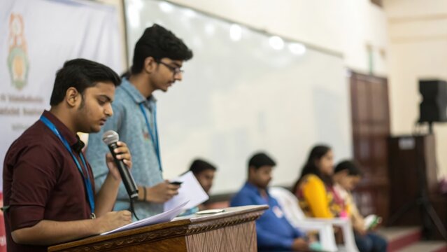 Indian college students practicing speech for inter-college competition	
