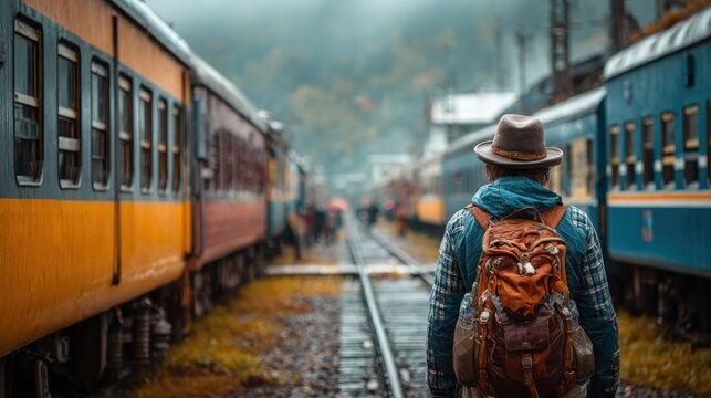 A person with a backpack and hat walks along railway tracks between two stationary trains in a foggy, moody atmosphere.