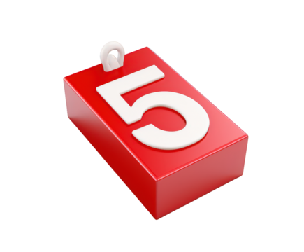 A red cube with the number five in white on top and a white pull tab on a black background isolated on white background