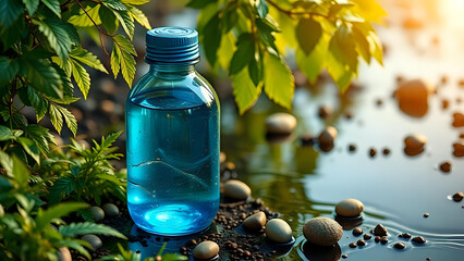 Serene blue bottle in a tranquil garden setting