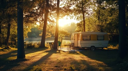 Mobile home camping in a peaceful outdoor setting