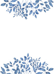 Watercolor blue leaves, floral background for greeting card, invitation and other printing design. Isolated on white. Hand drawing.	