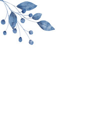 Watercolor blue leaves, floral background for greeting card, invitation and other printing design. Isolated on white. Hand drawing.	