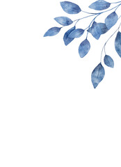 Watercolor blue leaves, floral background for greeting card, invitation and other printing design. Isolated on white. Hand drawing.	