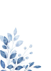 Watercolor blue leaves, floral background for greeting card, invitation and other printing design. Isolated on white. Hand drawing.	