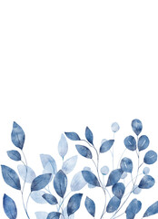 Watercolor blue leaves, floral background for greeting card, invitation and other printing design. Isolated on white. Hand drawing.	