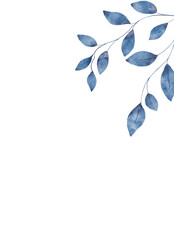 Watercolor blue leaves, floral background for greeting card, invitation and other printing design. Isolated on white. Hand drawing.	