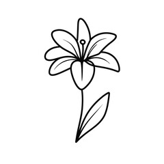 Simple black and white line drawing of a lily flower with a stem and leaf