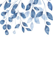 Watercolor blue leaves, floral background for greeting card, invitation and other printing design. Isolated on white. Hand drawing.	