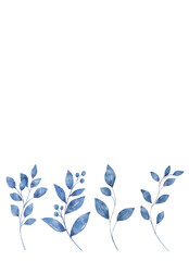 Watercolor blue leaves, floral background for greeting card, invitation and other printing design. Isolated on white. Hand drawing.	