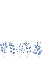 Watercolor blue leaves, floral background for greeting card, invitation and other printing design. Isolated on white. Hand drawing.	