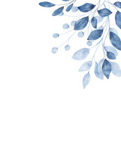 Watercolor blue leaves, floral background for greeting card, invitation and other printing design. Isolated on white. Hand drawing.	