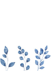 Watercolor blue leaves, floral background for greeting card, invitation and other printing design. Isolated on white. Hand drawing.	