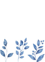 Watercolor blue leaves, floral background for greeting card, invitation and other printing design. Isolated on white. Hand drawing.	