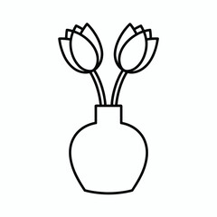 Simple black line drawing of two tulip flowers in a vase