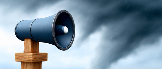 A blue megaphone mounted on a wooden post against a cloudy sky, symbolizing communication or announcement.
