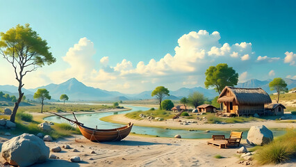 Serene lakeside village: a peaceful river scene