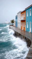Colorful seaside houses line a stone walkway with waves crashing against the shore under a cloudy sky near a distant lighthouse.
