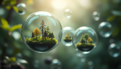 Abstract nature scene with floating glossy bubbles containing miniature forests inside, environmental sustainability symbolism