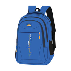 Blue backpack vector illustration isolated on white background, Front view of white textile backpack, Stylish blue school backpack, User friendly backpack, Vector design, clip art.