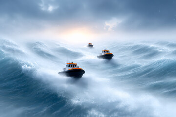 Three orange and black boats navigate rough, stormy ocean waves under a cloudy sky with a faint glow on the horizon.