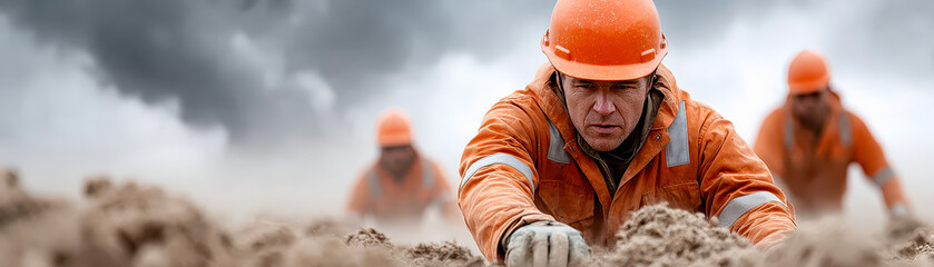 Construction workers in orange safety gear labor intensely on a rugged outdoor site with a smoky, industrial background.