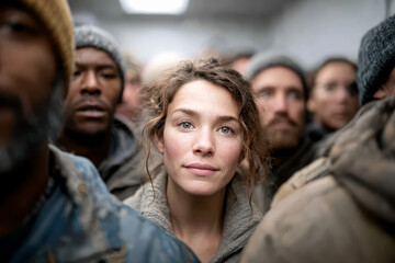 A diverse group of people stand closely together, with a focused young woman in the center looking directly at the camera.