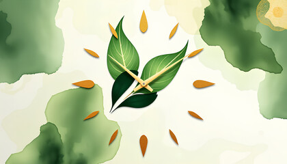 Abstract nature-inspired wall clock using flowing leaf shapes as hour markers, watercolor texture in green and gold tones
