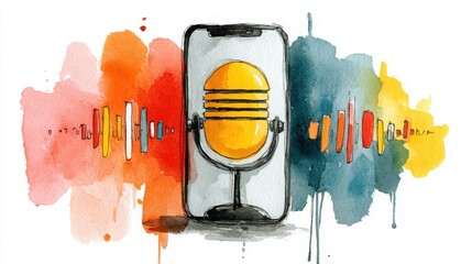 A watercolor illustration of a vintage microphone displayed on a smartphone screen with colorful soundwaves radiating outward.
