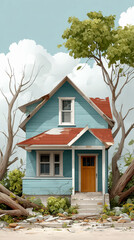 A charming blue wooden house with a red roof surrounded by greenery and fallen tree branches under a partly cloudy sky.