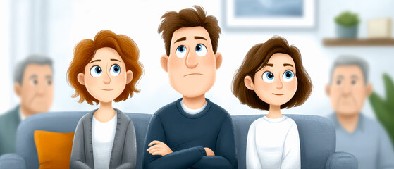 Three animated characters sit on a couch looking concerned or thoughtful, with blurred figures in the background suggesting a group setting.