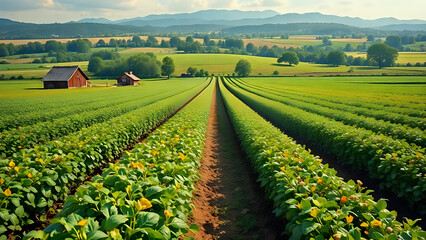 Serene countryside vista: rows of crops leading to distant mountains