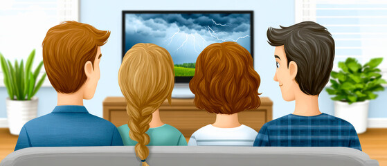 Four people sitting on a couch watching a storm with lightning on a TV screen in a bright living room.