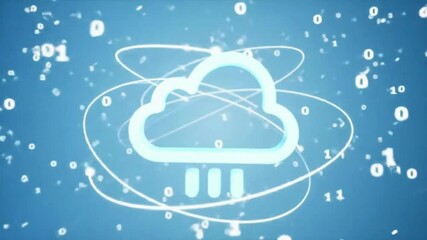 Cloud computing symbol with binary code and orbits against a blue background, representing data and technology. - Powered by Adobe