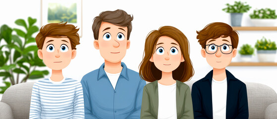 A cartoon family of four, two boys and two adults, sit on a couch in a bright, plant-filled room, smiling and facing forward.
