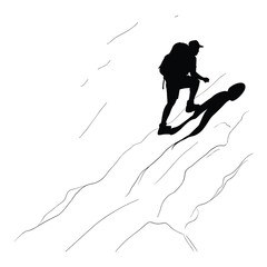 Lone hiker with backpack climbs steep mountain terrain silhouette