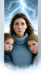 A worried woman in a blue sweater stands protectively with two children as lightning strikes behind them amid a stormy, ominous sky.