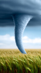 A powerful tornado descends from dark storm clouds, touching down in a field of tall grass, showcasing nature"s raw and destructive force.
