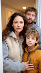 A serious-looking family of three stands together indoors, dressed in warm clothing, conveying a sense of concern or contemplation.
