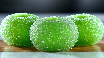 Three bright green, sugared, round candies, resembling apples, on a light wooden surface.  Close-up view.