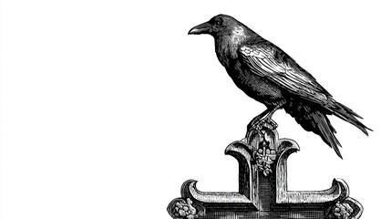 Panoramic of Black and white linocut-style illustration of a lone crow perched on a cemetery cross, gothic vintage aesthetic, woodcut textures,
