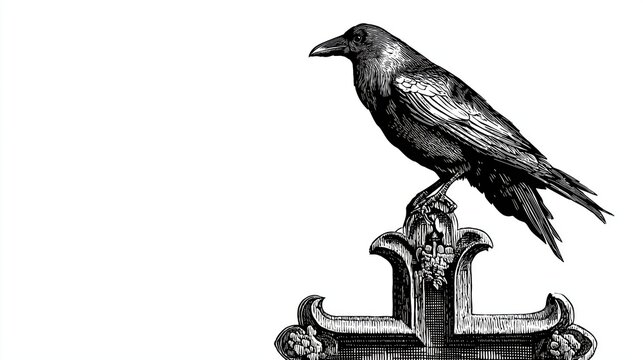 Panoramic of Black and white linocut-style illustration of a lone crow perched on a cemetery cross, gothic vintage aesthetic, woodcut textures, - Powered by Adobe