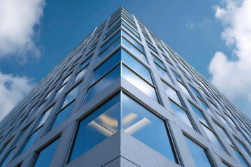 A tall modern building with a glass facade viewed from a low angle against a blue sky with clouds