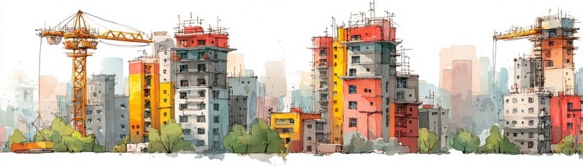 Colorful urban buildings under construction with cranes and surrounding greenery, depicted in a watercolor sketch style.