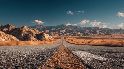 A straight, empty road stretches towards rugged mountains under a clear blue sky with scattered clouds in a dry, open landscape.